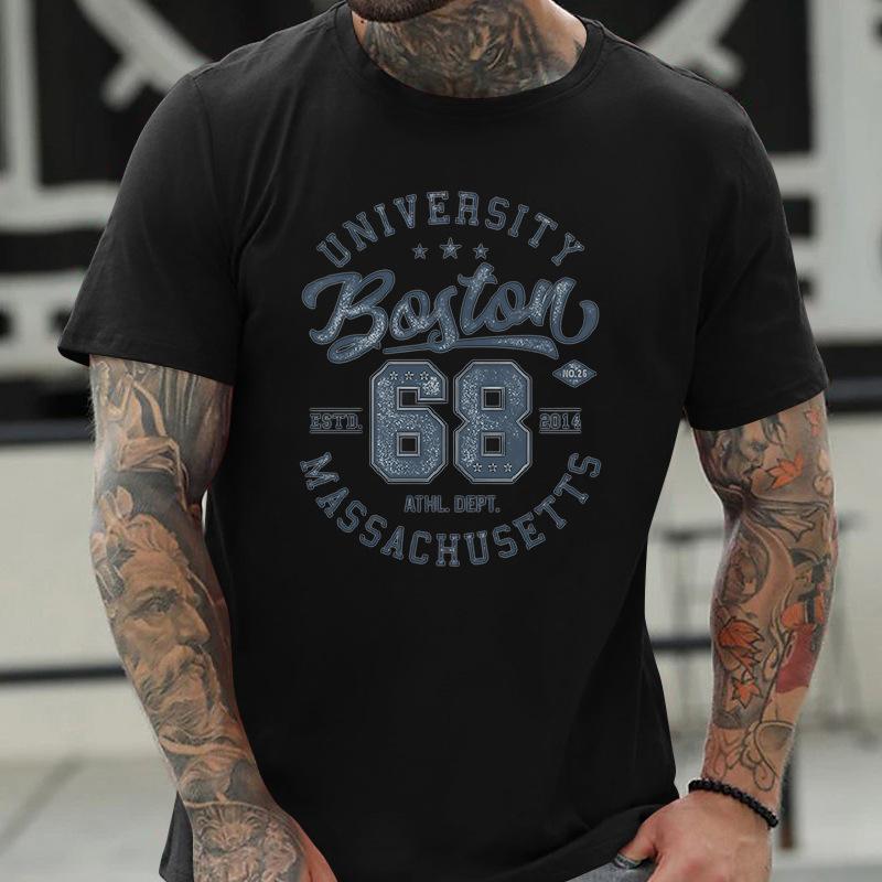 Plus Size Pure T-shirt Round Neck Print Men's Fashionable Short Sleeved T-Shirt- Soft Medium Stretch Polyester Fabric Summer Mens Relaxed Fit Clothing