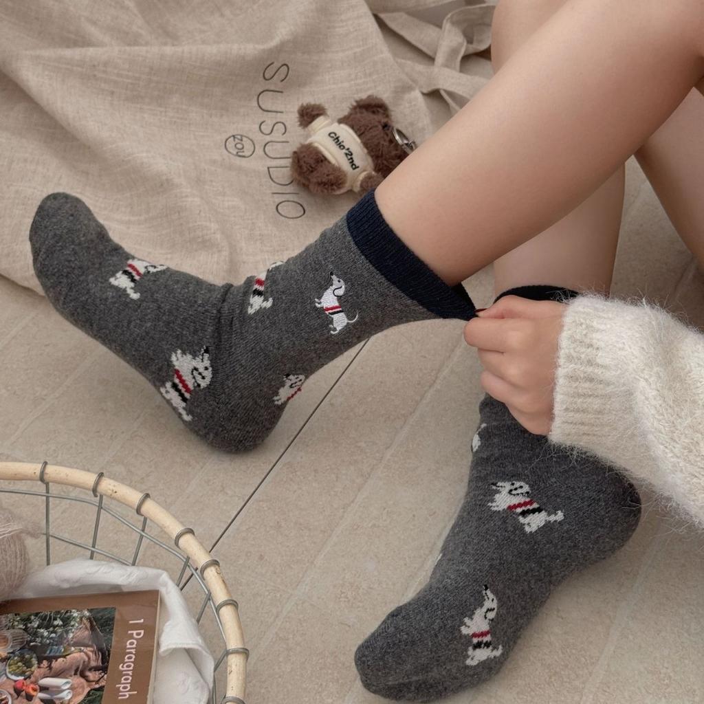 Socks Girls Thickened Plush Stripe Embroidery Cartoon Puppy Mid-Leg Socks Trendy Cute Pile Of Socks
