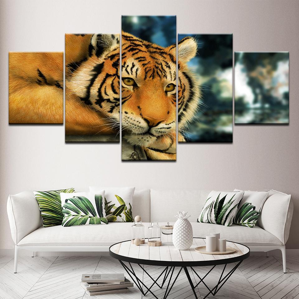 5 Pieces Animal Tiger Scenery Paintings Modular Canvas Picture Frame Wall Art Poster Decoration For Living Room Modern HD Prints