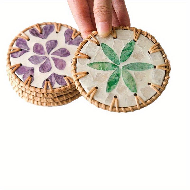 2PC handmade rattan-edged colorful shell coaster natural mother-of-pearl insulation pad light luxury insulation pad shell coaster