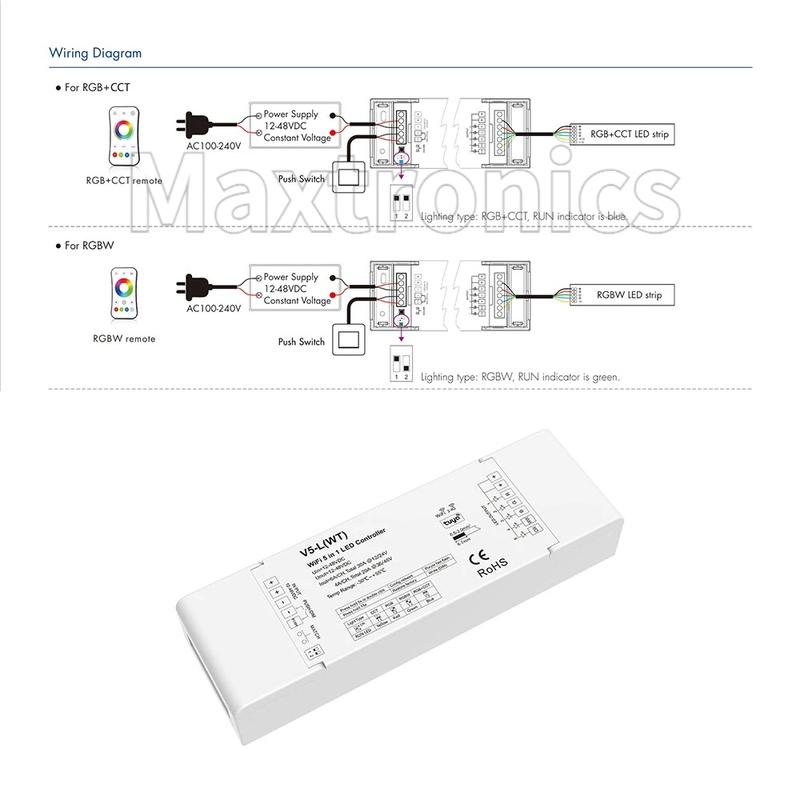 Skydance WiFi & RF 5 in 1 CV Controller V5-L(WT) (Tuya App) 5-Kanal*6A 12-48VDC für RGB RGBW RGB+CCT CCT Einzel-Farb-LED-Streifenlicht