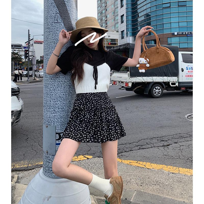 Women's French Floral A-line Cake Skirt - Summer Korean Style, High Waist, Slimming, Elastic Waist, Petite Half Skirt