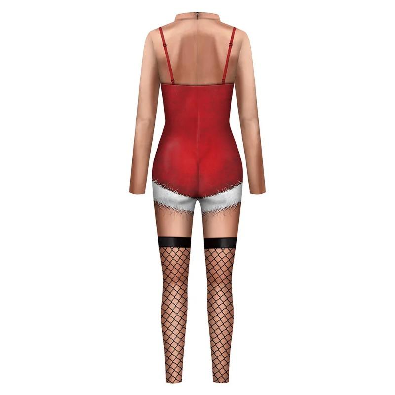 Christmas Jumpsuits Sexy Flesh Rompers Xmas Party Cosplay Women Bodysuit Party Slim Long Sleeve Playsuit Rave Outfits