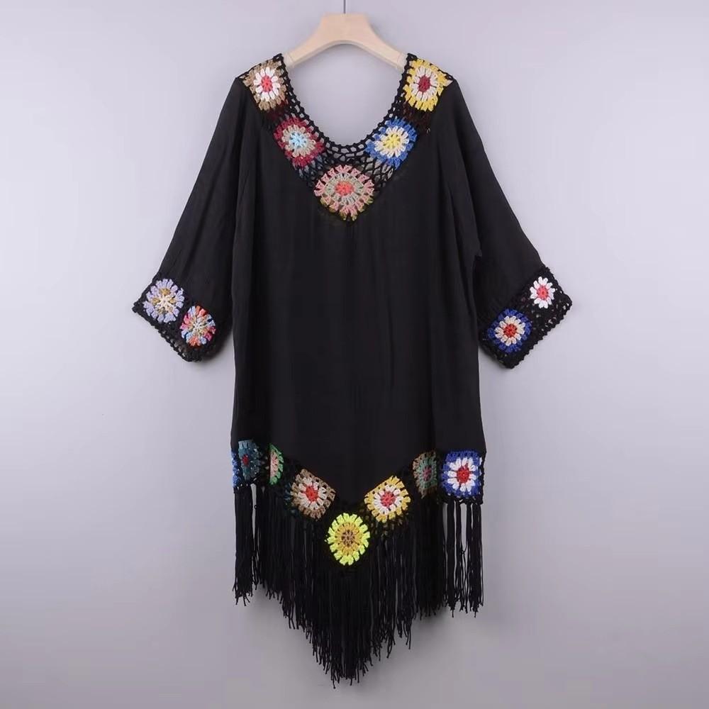 V-Neck Bikini Cover Up Fringe Trim Beach Cover-Up Fashion Bathing Suit Cover  for Women
