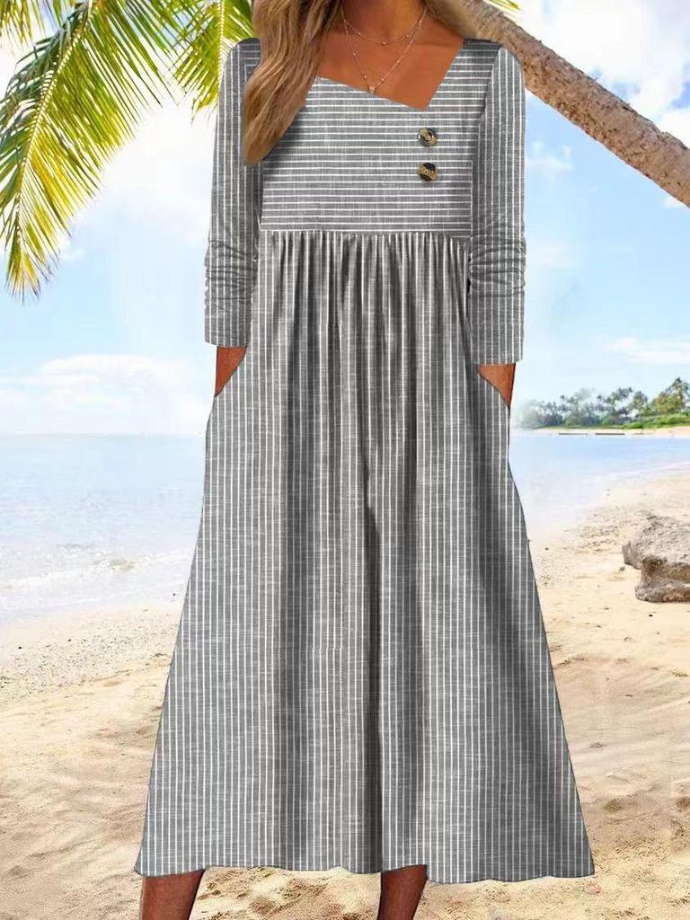 2023 Autumn Casual Loose Striped Long Sleeve Dress