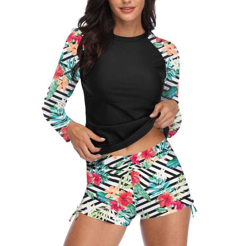 Traje de baño de surf de dos piezas para mujer con manga larga y bañador tipo bóxer 2024