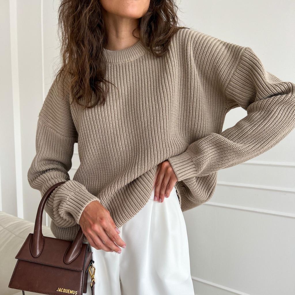 Solid color round neck thickened sweater women's autumn and winter new loose long sleeve lazy wind pullover knitted sweater women
