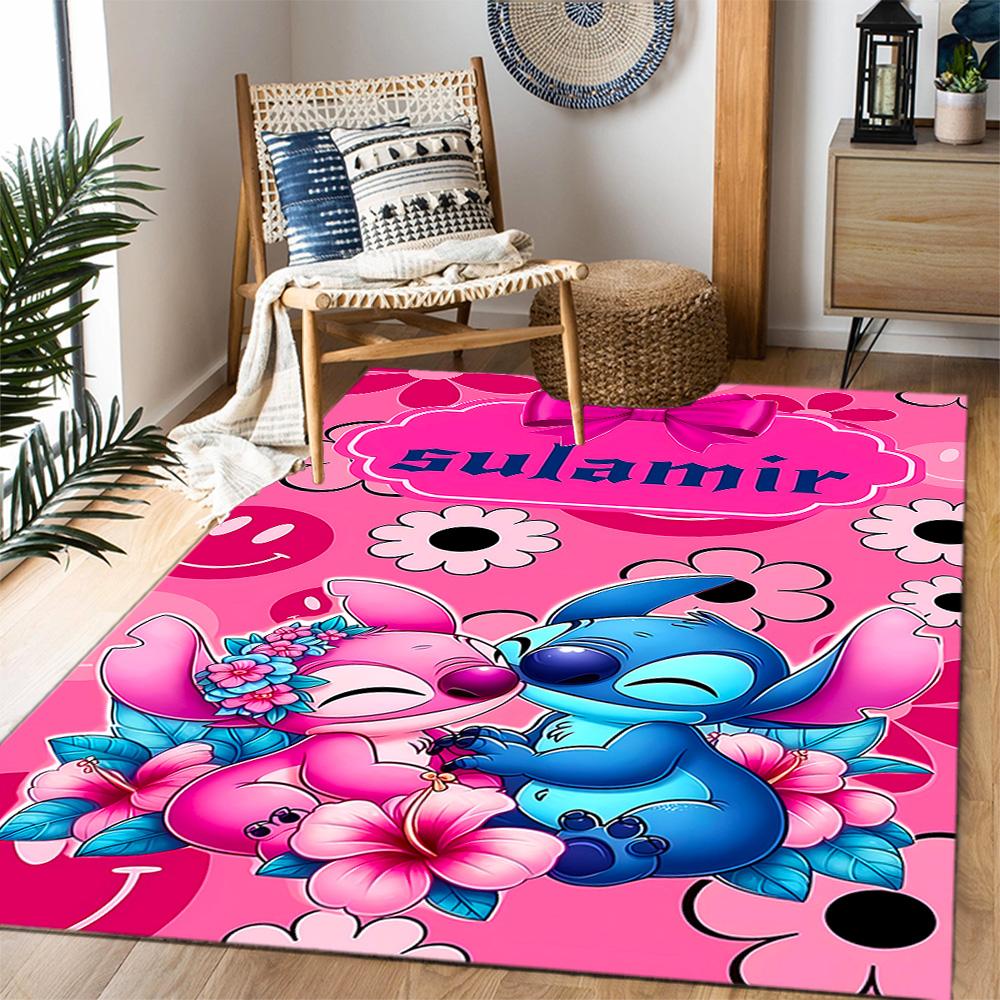 Stitch Adventure In Flowers Disney Cartoon Theme Anti-Slip Rug - Polyester, Home Decor, Suitable for Bedrooms, Living Rooms, Doorways, and Studios