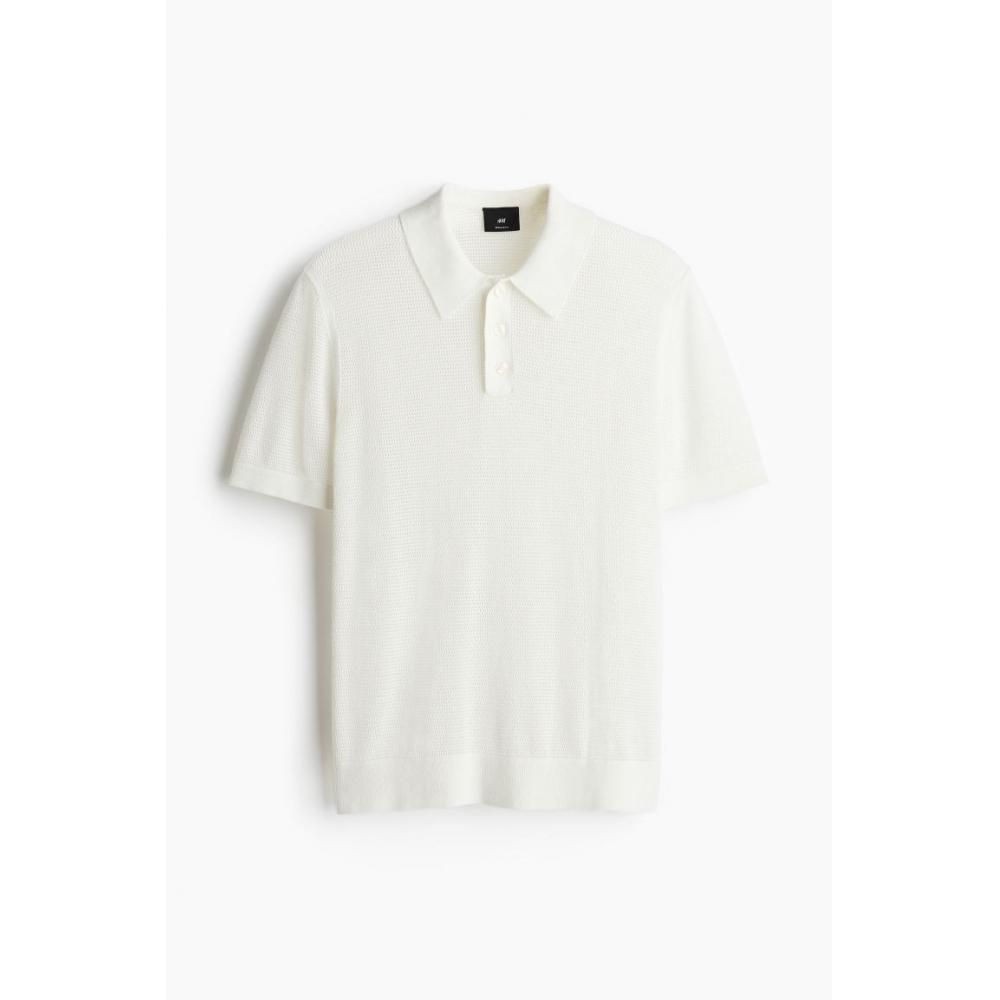 H M Regular Fit Hole Knit Polo sHirt wHite
