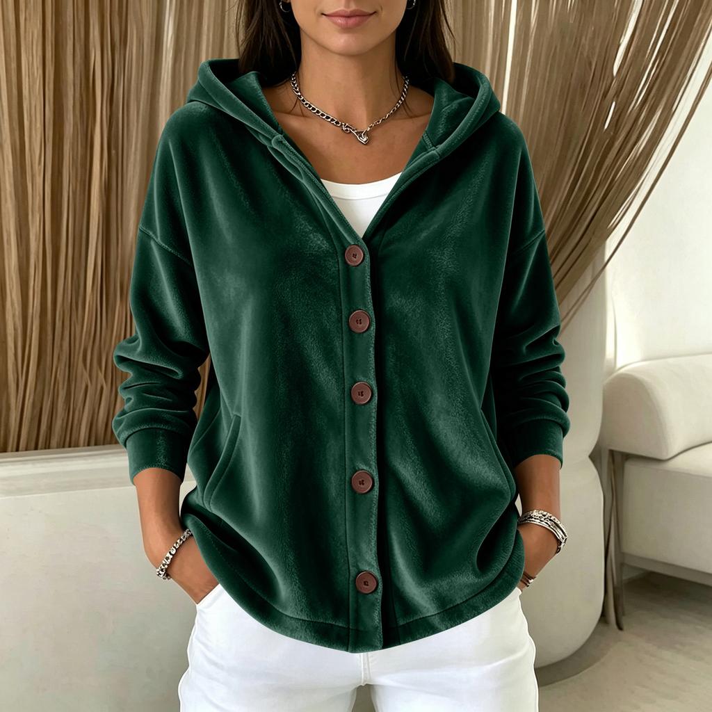 Women's Color Hooded Long Sleeve Cardigan with Buttoned Pockets Loose Fit Casual