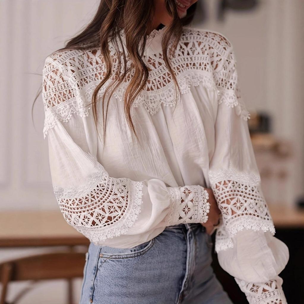 Summer Vacation Women's Sexy Crochet Hollow Out Flare Sleeve Lace Trim Crochet Cover Up Blouse Top