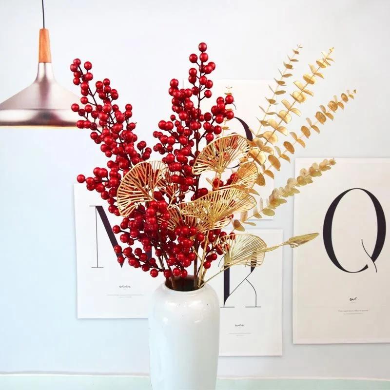 1PCS Christmas Red Berry Bouquet Fake Plant for Home Vase Decor Xmas Tree Ornaments New Year Party Living Room Decoration