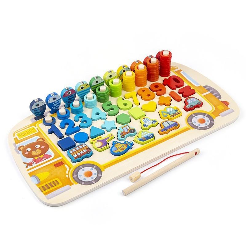 

Wooden cartoon fire school bus fishing logarithmic board shape matching puzzle puzzle building block cognitive educational toy