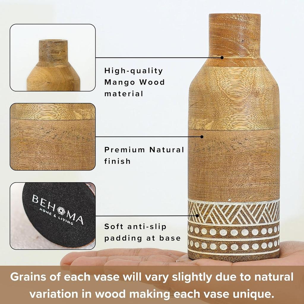 Набор деревянных ваз для цветов (2 шт), Boho Engraved Design Wooden Flower Vase Set of 2,  Behoma