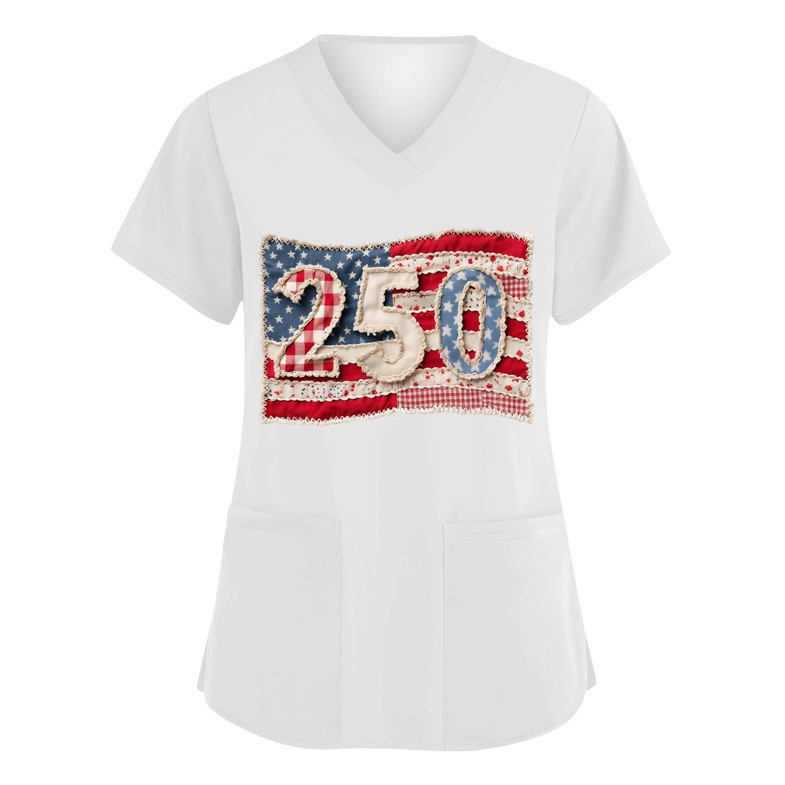 

Women V Neck Short Sleeve Scrub Top with Pockets Patriotic Flag Print Comfortable for Healthcare Professionals XL білий