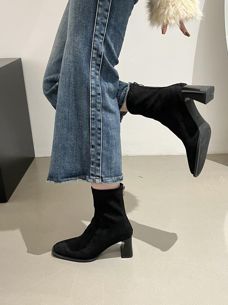 French Thick High Heel and Ankle Boots Martin Boots Women's Shoes New Autumn and Winter Short Tube Square Head Thin Elastic Boots