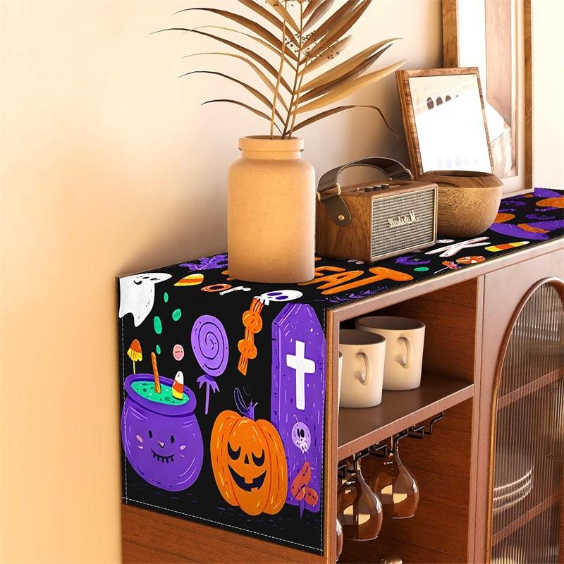 1pc Purple Halloween Table Runner Halloween Themed Tablecloth Trick or Treat Dustproof Durable Tablecloth for Dining Room Decor