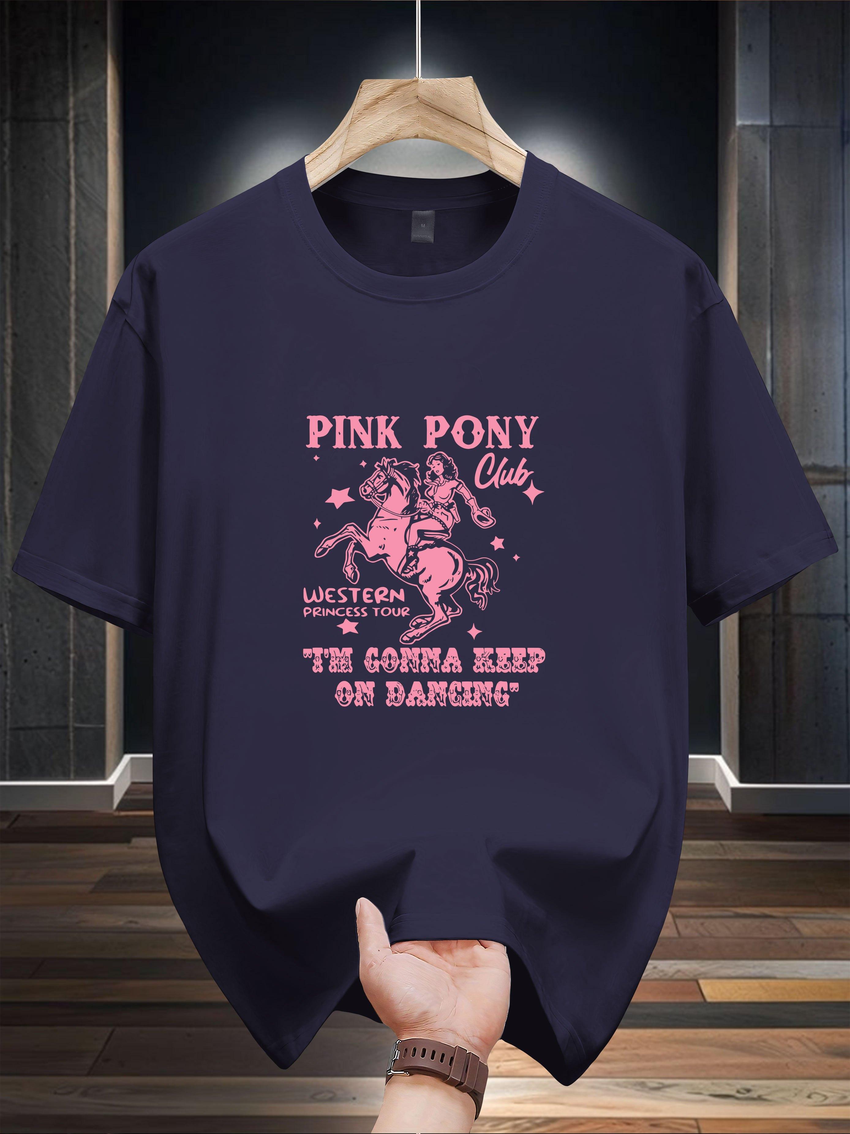 

Niuwang Selection T-shirt - Navy Blue Casual Graphic Tee with Pink Pony & Western Dancing Print XXL