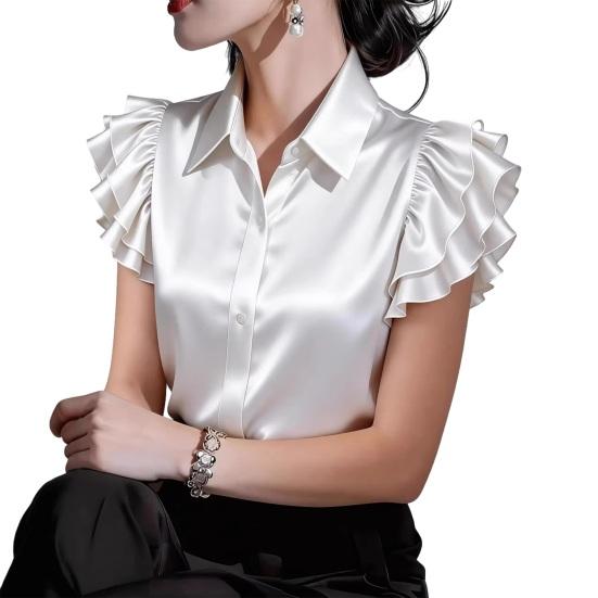 

Women Shirt Lapel Ruffle Short Sleeve Single Breasted Shirt Tops Pure Color Smooth Satin Shirt Tops Daily Wear M белый