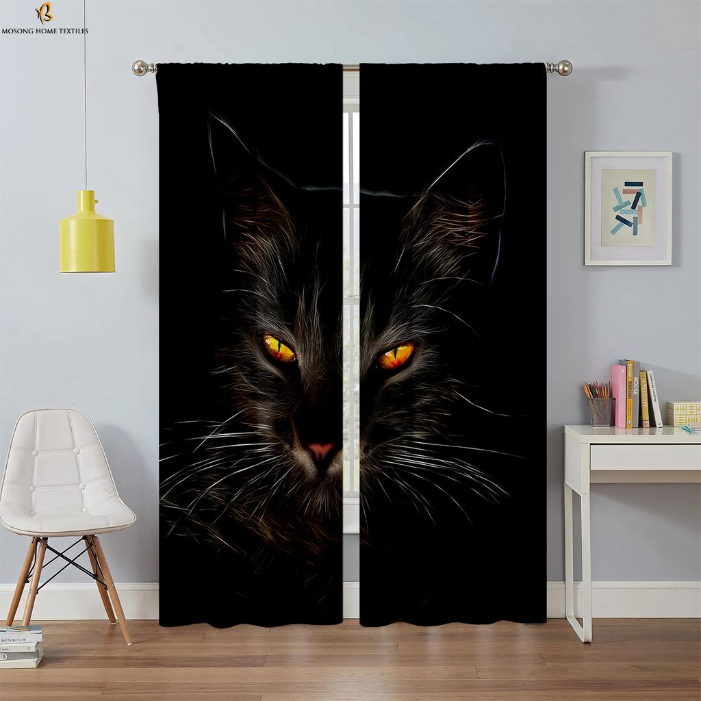 Black Cool Cat Printed Curtain Bedroom Kitchen Living Room Kids Decorative Curtains Set Of 2 Made Polyester With Rod Pocket Sitting Decor