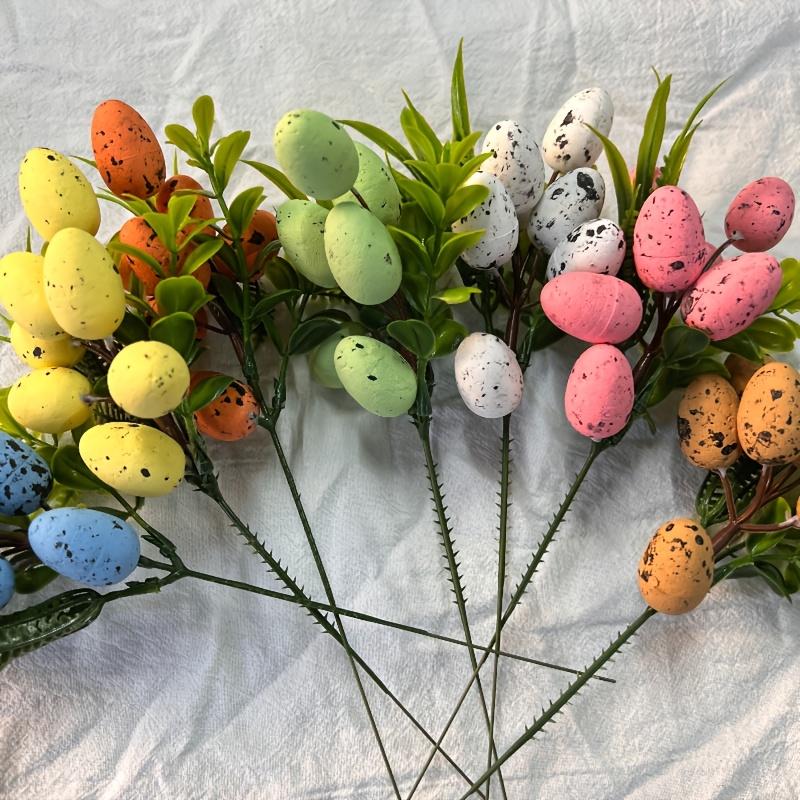 2pcs Colorful Speckled Egg Floral Picks Decorative Artificial Branches with Foam Eggs Green Leaves Home Party Vase Arrangements
