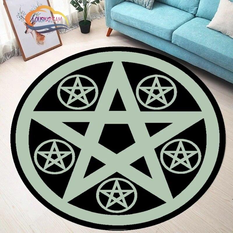 Pentagram Carpet Moon Satanic Round Rug Skull &  , Wicca  White  On Black  Goth Home Decor Chair Mats