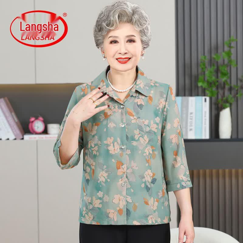 Elderly Women s Floral Seven-Quarter Sleeve Shirt L