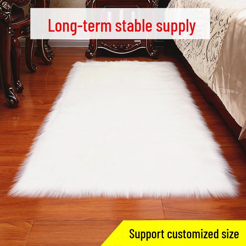 Large Rectangular White Plush Long-Pile Carpet for Living Room or Bedroom