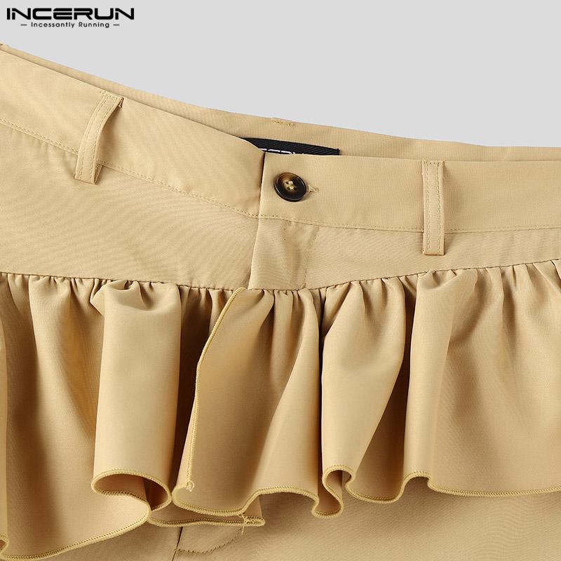 INCERUN Pánské kalhoty se zipem v pase, s volánovými vrstvami, ležérní, dlouhé, rovné kalhoty