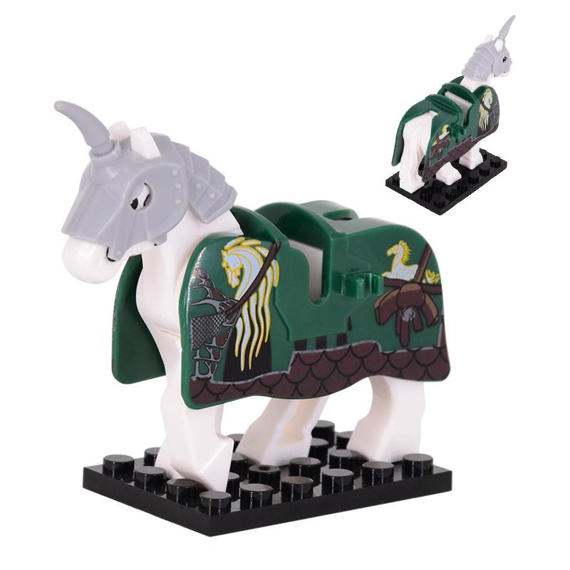 1pcs Medieval Horses Grey Bodies Blue Saddle Blankets White Horse Emblems Yellow Trims Building Block