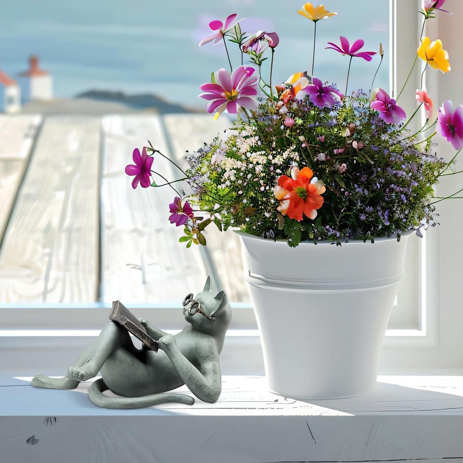 Cat Figurine Outdoor Cat Decor Sculpture Reading Book Wear Glasses Design Kitten For Lawn Birthday Balcony Grave Outside Porch CN