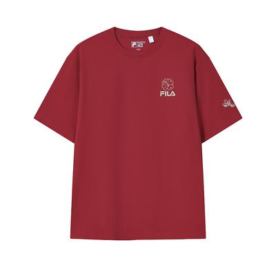 Fila Original Peony T Moda Simples Clássico Retrô Casual Esportivo Confortável Tricotado Solto Manga Curta Camiseta Tops Unissex Vermelho F51U619101FRD