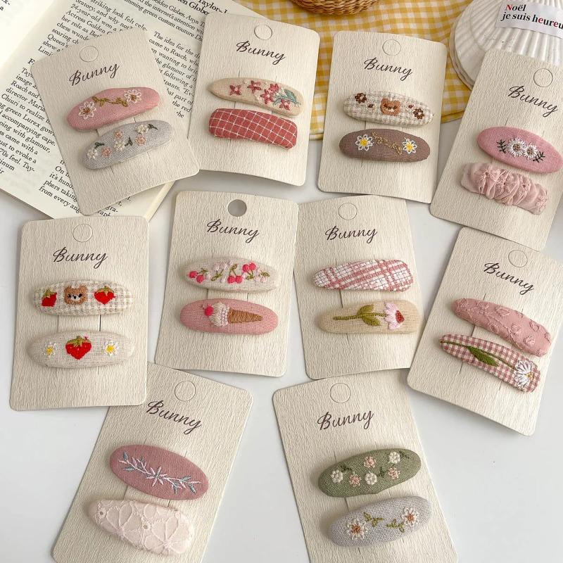 2Pcs Embroidery Flower Children's Hairpin Sweet Hair Clip Bangs Side Clip Hairpin Barrettes Headwear Hair Accessories Headdress