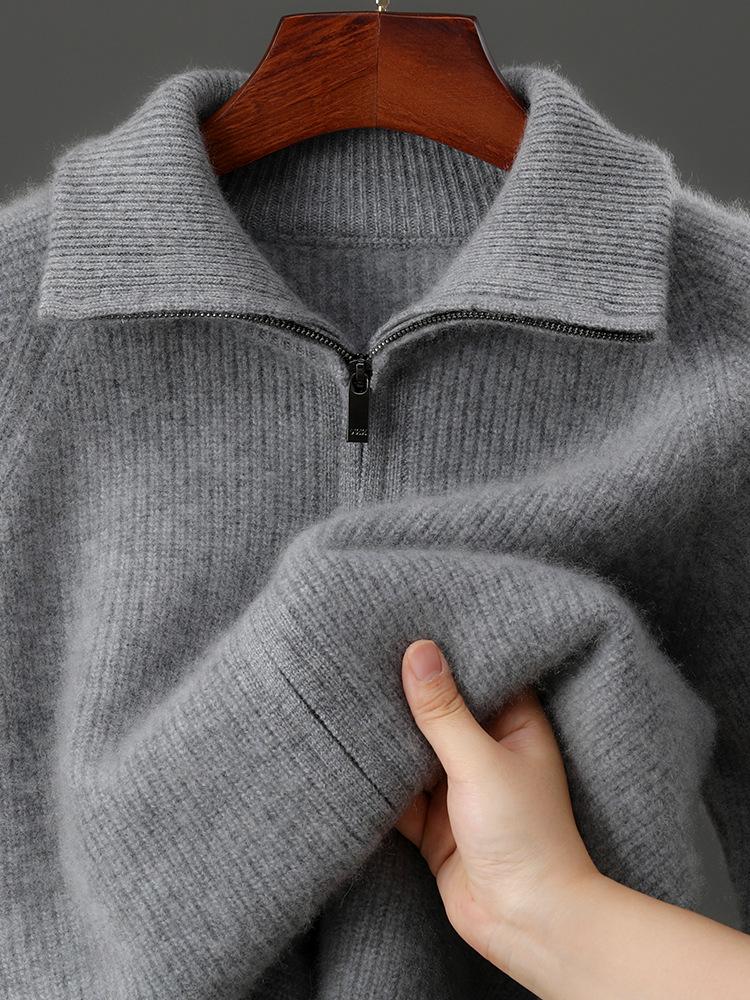 Men's Double-Ply Pure Wool High Neck Zipper Cardigan - Thickened Loose Casual Knit Sweater for Autumn and Winter.