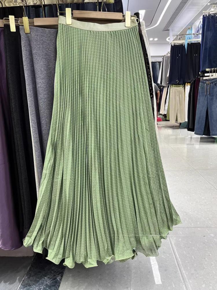 Retro High Waist Polka Dot Pleated Long Skirt with Lace Hem - Spring/Summer 2026 Collection