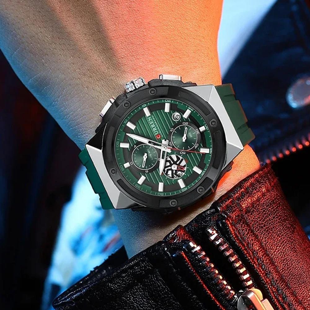 CURREN Fashionable Sports Multifunctional Chronograph Quartz Watch with Silicone Strap Creative Design Dial Luminous Hands