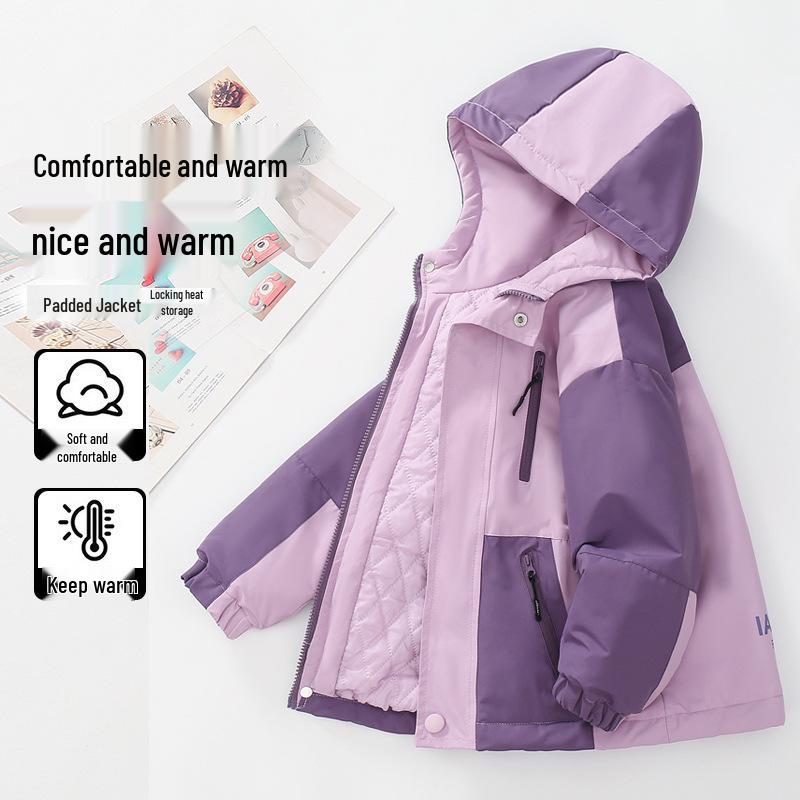Girls' Fleece-Lined Color Block Windbreaker Jacket, Spring/Autumn, Thick, Windproof, for Medium & Large Children