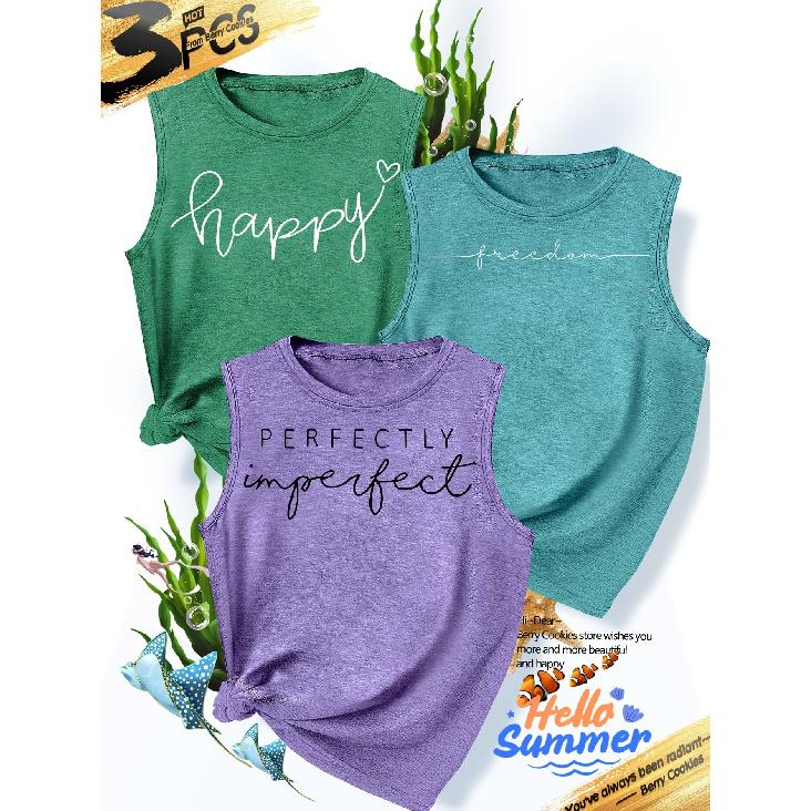 2026New Women's vest3Pieces Happy Freedom Perfectly Imperfect Text-printed Simple, Stylish, Casual, Versatile, Comfortable, Soft, Skin-friendly