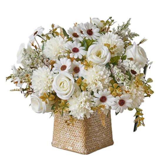 Artificial Rose Flower Bouquet Realistic Mixed Faux Rose Dahlia Chrysanthemum Ball Flower for Wedding Bridal Bouquets Table Centerpieces Baby Shower