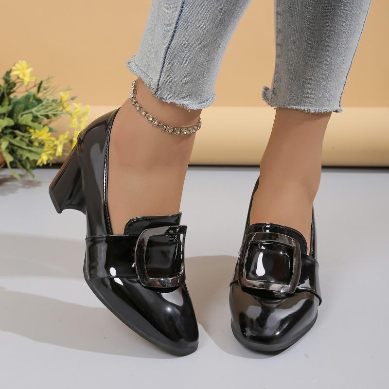 Fashionable simple and elegant Black Leather Heel Women 2025 Retro Metal Decoration Woman Square Toe High Heels Shoes