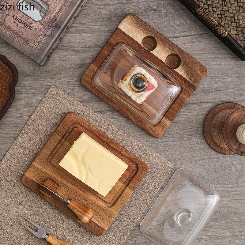Wood Butter Box Glass Cover with Knife Cheese Plate Butter Plates Cake Rack Dessert Plate Pastry Plates Dim Sum Dish Fruit Bowl