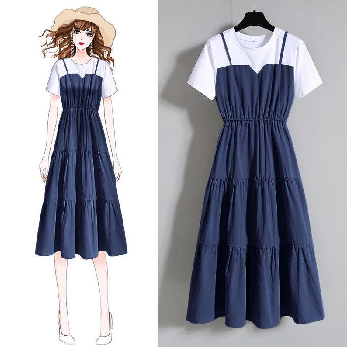 

Plus Size Women s Two-Piece-Look Cinched Waist Short-Sleeve Long Dress - Slimming & Versatile for Summer XL