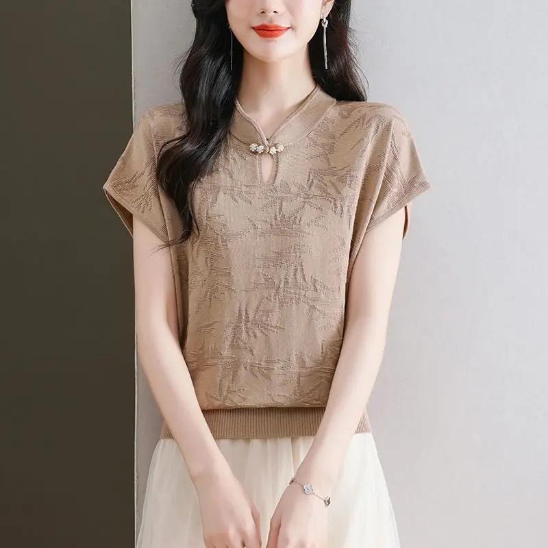 Summer Chinese Style Knit Top Women's Short Sleeve Jacquard Button Decor Blouse