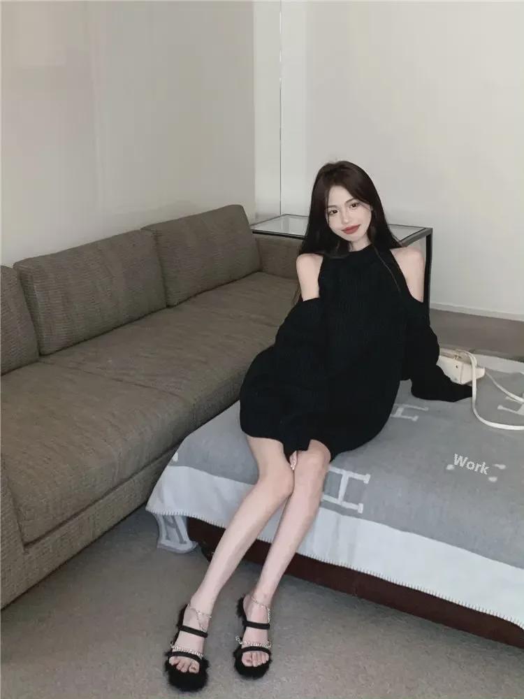 Women's Off-Shoulder Black Knit Sweater - Loose Korean Style for Autumn/Winter 2024