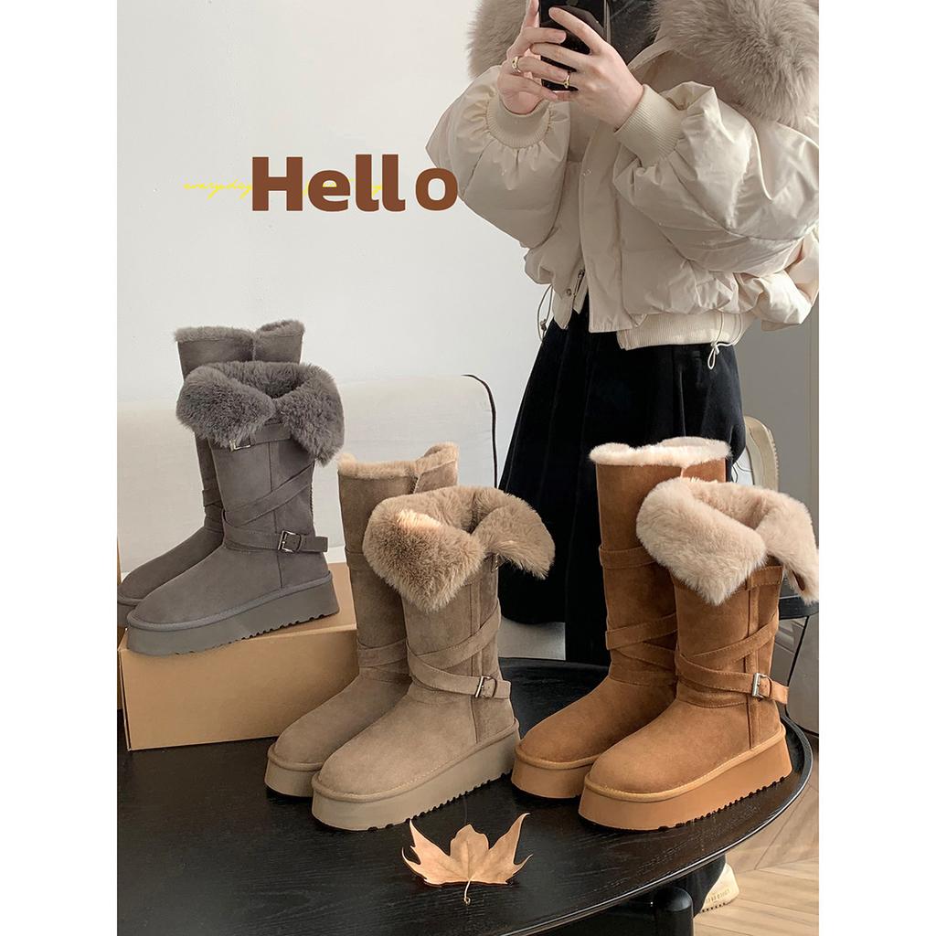 Round head warm thick-soled cotton shoes, piled and thickened fluffy long-tube snow boots, women's new long-tube cotton boots in winter