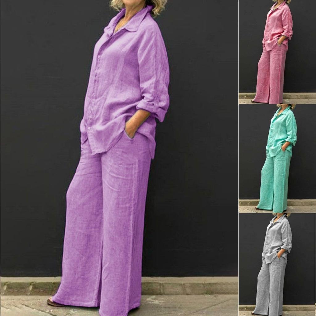 Damenmode, lässig, Sommer, einfarbig, Revers, langärmeliges Hemd, elastische Taille, Neun-Punkt-Hose, zweiteiliger Anzug