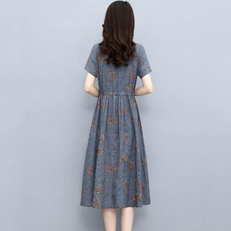 Cotton Linen Floral Midi Dress With Ruffle Details For Summer Streetwear