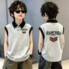 Boys' Trendy Cotton Color Block Polo Vest T-shirt with Stylish Lapel Patchwork - Sleeveless Summer Top for Medium and Large Children