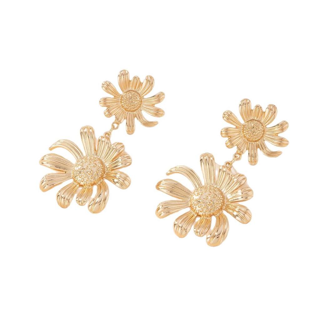 Retro Sunflower Metallic Statement Stud Earrings for Women - Large Size, European & American Style