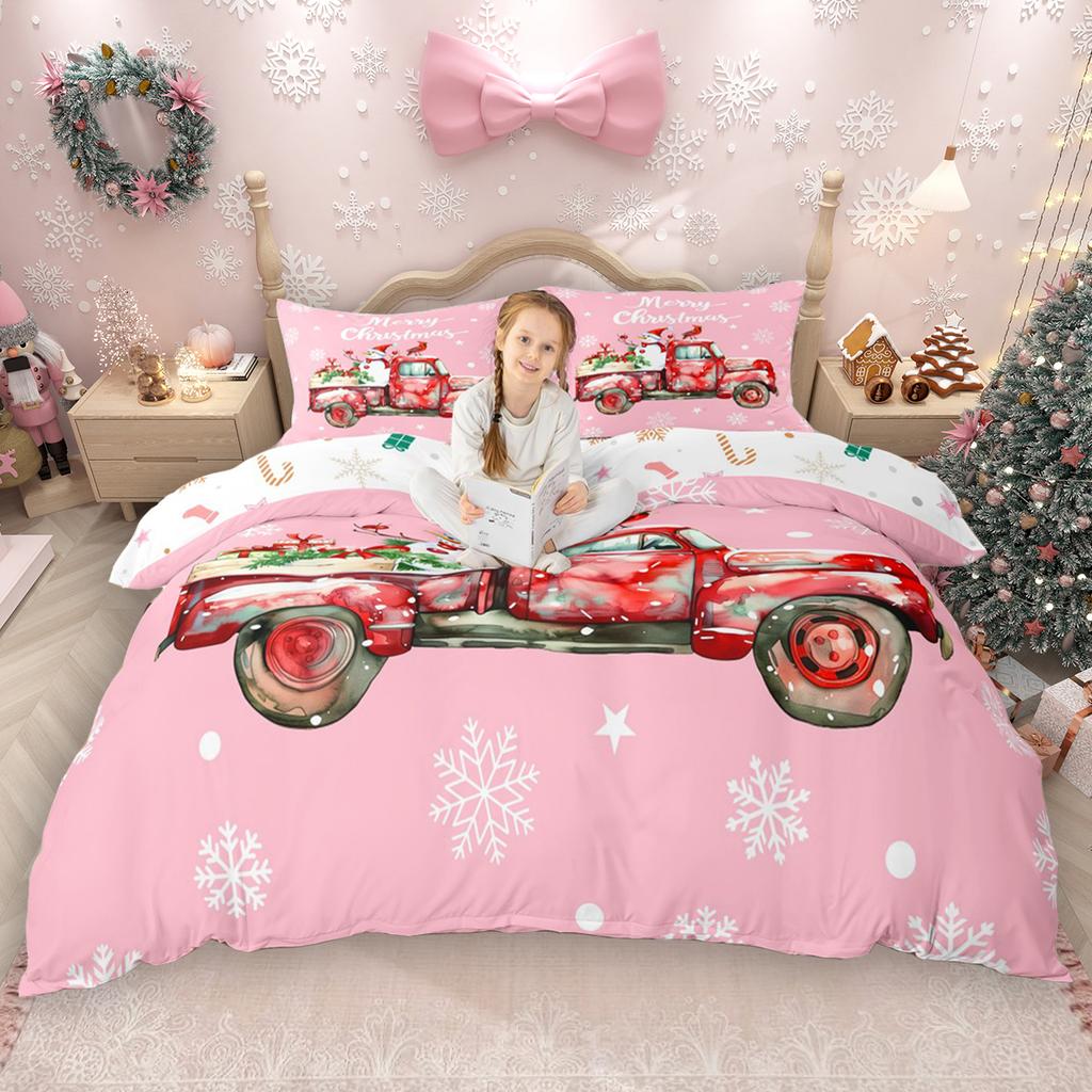 Homewish Cartoon Snowman Duvet Cover Set for Kids 2pcs/3pcs, Christmas Bedding Set for Girls Boys, Xmas Tree Farm Truck Bed Set